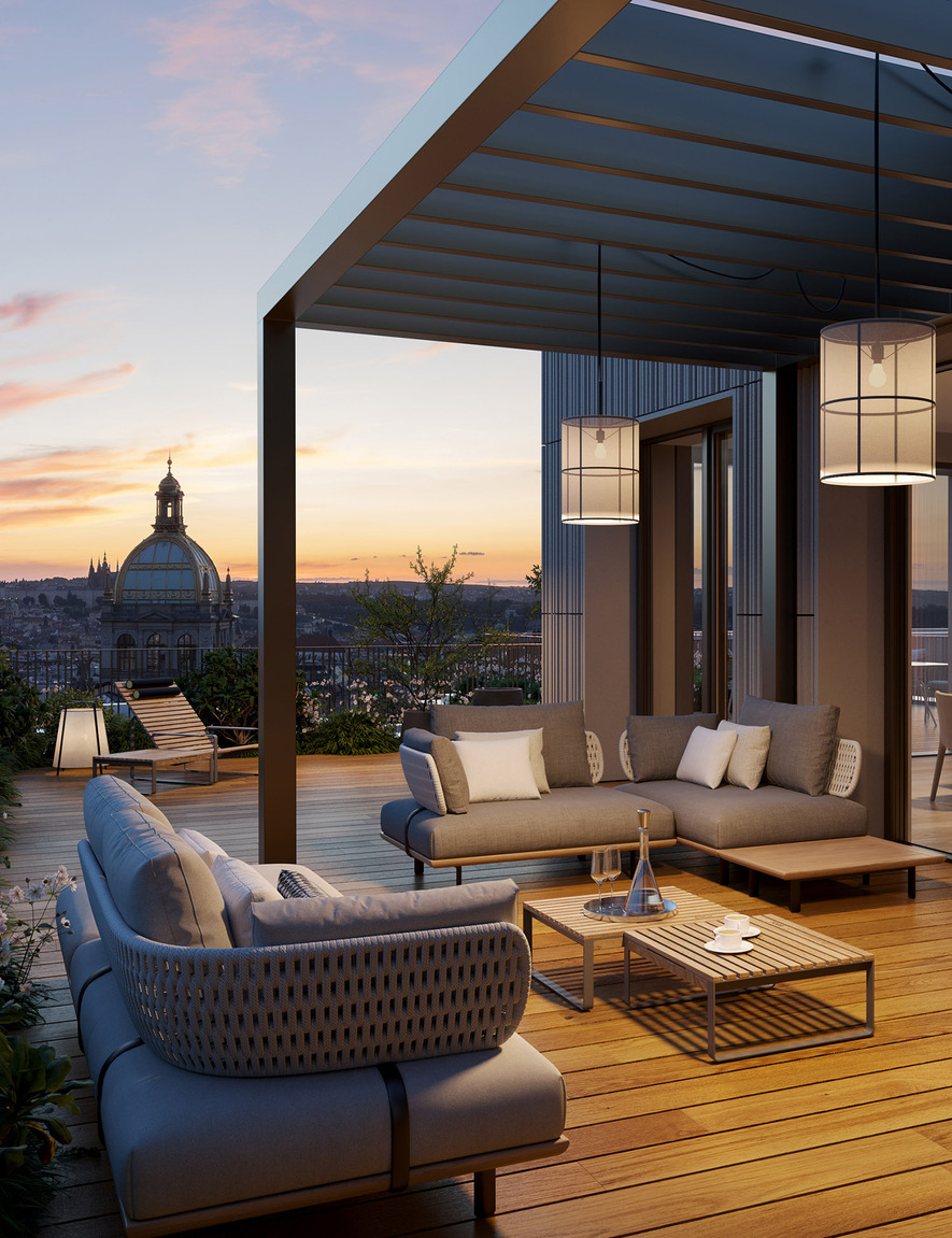 <b>Velkorysé terasy v posledních patrech</b>